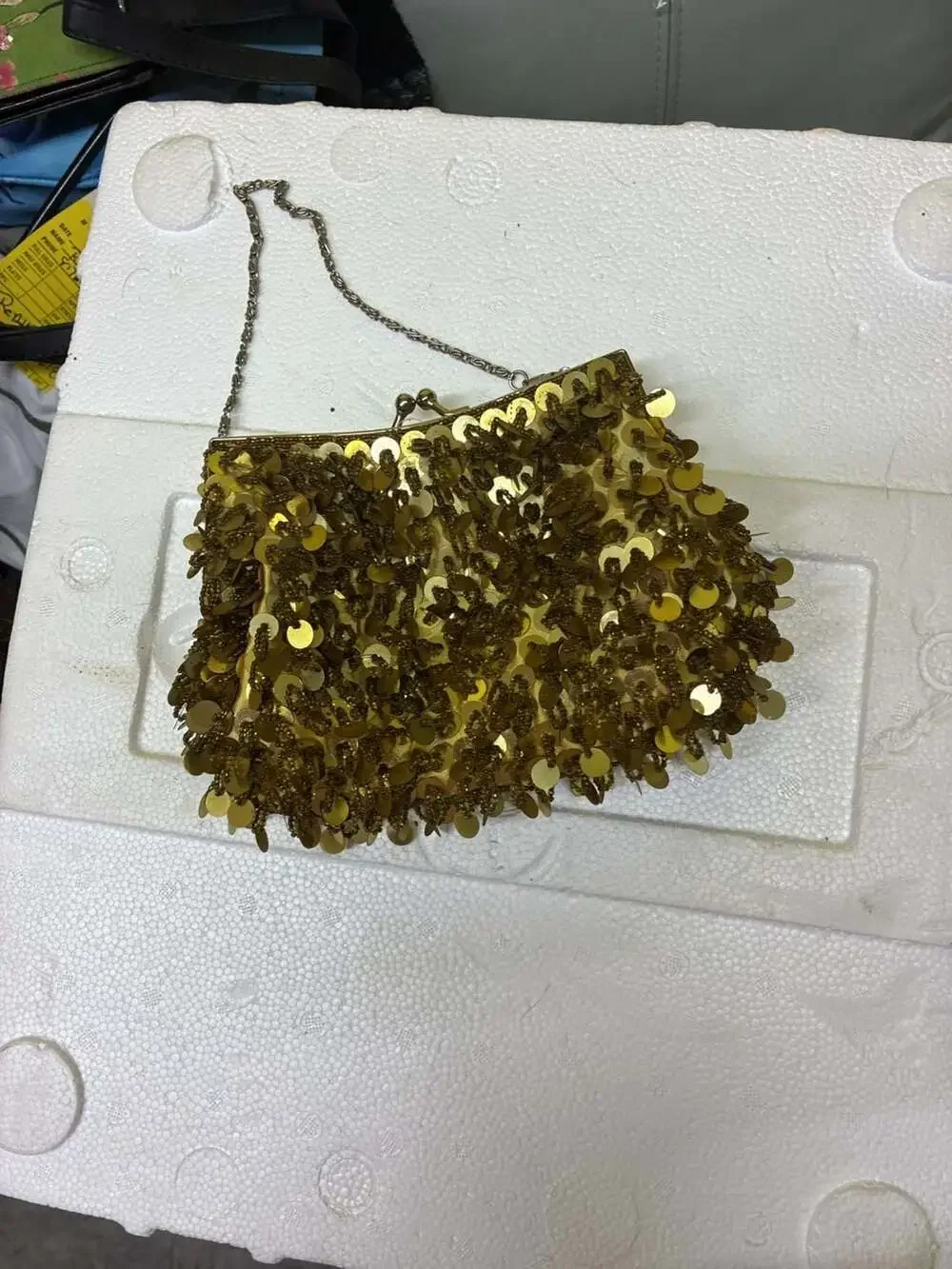 Vintage Gold Sequin and Beaded Evening Clutch Bag with Chain Strap